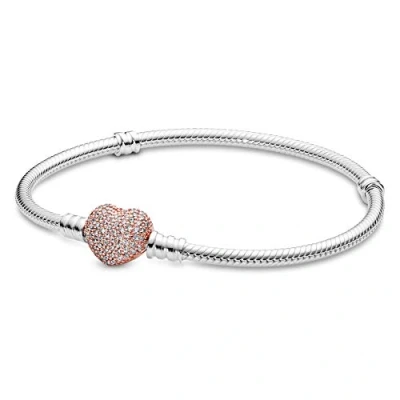 Immagine di PANDORA Icons Bracciale in argento maglia snake con chiusura a forma di cuore placcata oro rosa 14 carati e zirconi cubici trasparenti, 20