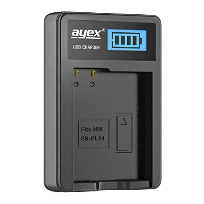 Immagine di ayex Caricatore USB per batteria Nikon tipo EN EL14 Ricarica tramite presa USB, laptop, Power Bank o PC Display LCD con indicatore di carica