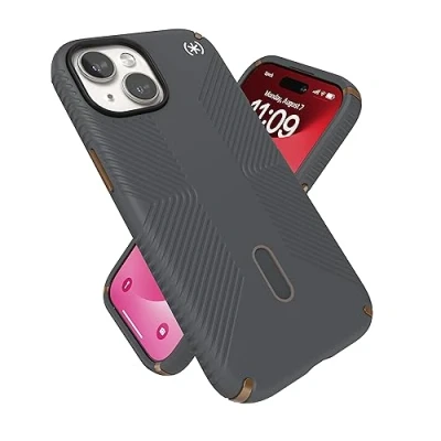 Immagine di Speck Custodia per iPhone 15 ClickLock antiscivolo Interlock, compatibile MagSafe, presa di protezione contro le cadute, 15, 14, 13 6,1 pollici, Presidio2 Grip grigio