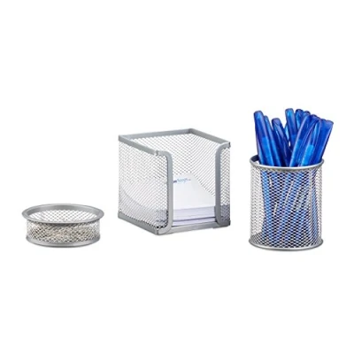 Immagine di Relaxdays Set da Scrivania, Cancelleria Ufficio, 3 Accessori, Portaoggetti, Porta Foglietti, Portapenne, Argentato