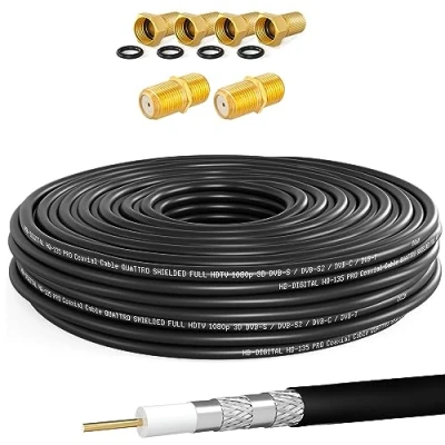 Immagine di HB DIGITAL cavo coassiale SAT HQ135 PRO da 15 m, con 2 connettori F + 4 dorati, antenna satellitare, schermato per impianti DVB S/S2 C/C2 T/T2 DAB+Radio BK