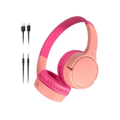 Immagine di Belkin SoundForm Mini Cuffie wireless per bambini con microfono, 30 ore di riproduzione, adesivi divertenti, headset over ear didattica online, scuola e viaggi, iPhone, iPad Galaxy, rosa