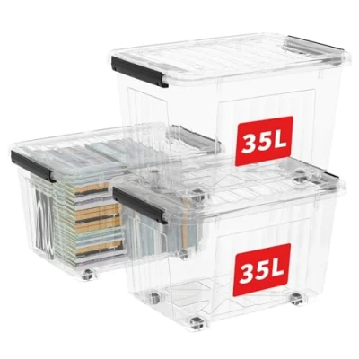 Immagine di Cetomo C5037 Set di 3 contenitori in plastica trasparente con coperchio ruote, 35 l,