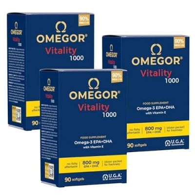 Immagine di OMEGOR® Vitality 1000 con 90% di Omega 3 TG! Certificato 5* IFOS dal 2006. EPA 535mg e DHA 268mg per capsula. Struttura min. trigliceridi distillazione molecolare 90 capsule x