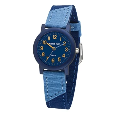 Immagine di JACQUES FAREL Org 1467 Orologio da polso per bambini, analogico, al quarzo, con cinturino in tessuto biologico, blu scuro, azzurro, compatibile, Blu, cinghia