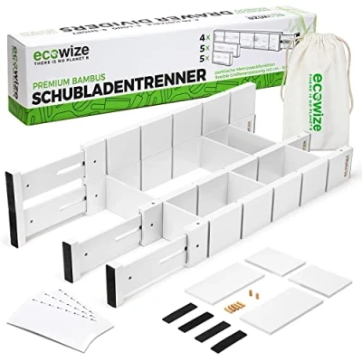 Immagine di Ecowize Separatore per cassetti (43 56 cm) organizzatore in bambù, a molla, cucina, camera da letto, bagno, scrivania e bricolage (bianco)