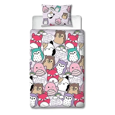 Immagine di Character World Squishmallows Set copripiumino singolo in poliestere, design brillante, reversibile, double face, prodotto ufficiale, con federa coordinata, multicolore