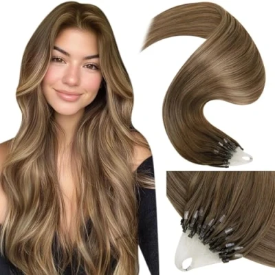 Immagine di LaaVoo Extension Microring Capelli Veri 45cm 50ciocche 1g/ciocche Marrone Scuro a Biondo Highlight Remy Lisci Estensioni Dei Umani Reali #8/16/8