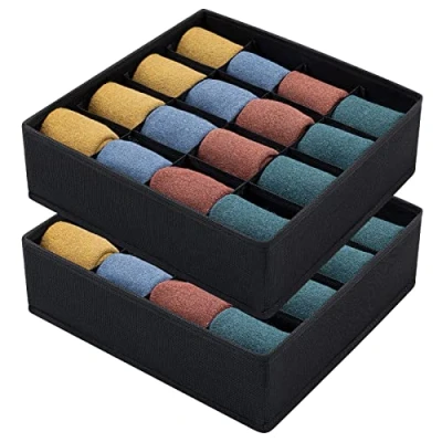 Immagine di joyoldelf Set di 2 organizer per cassetti pieghevoli, portaoggetti in tessuto non tessuto, con 16 scomparti, scatola riporre calze, reggiseno, fazzoletti (nero chiaro)