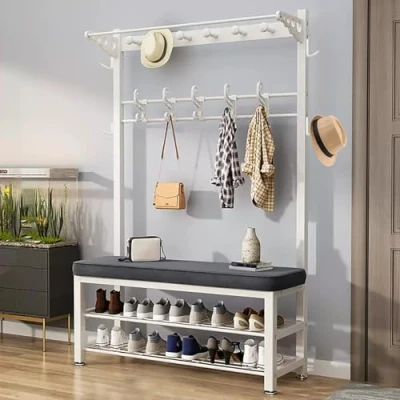 Immagine di Appendiabiti con Panca e Scarpiera, Stand Portabiti 2 Ripiani di Scarpiera da Ingresso in Metallo, Altezza 170 cm L:80/100CM