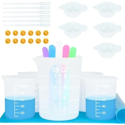 Immagine di Creahaus Kit di misurini in silicone per resina, antiaderenti, 250 e 100 ml, tazze miscelazione epossidiche riutilizzabili, con tappetino silicone, bastoncini mescolare, pipette,