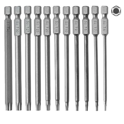 Immagine di set di 11 punte per cacciavite Torx, 1/4&quot; x 100 mm, magnetiche, T6/T7/T8/T9/T10/T15/T20/T25/T27/T30/T40, elettriche (11, mm)