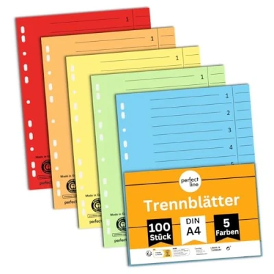Immagine di perfect line 100 divisori, 5 colori Carta riciclata stabile, per raccoglitori DIN A4 e ad anelli Certificato Blauer Engel, Made in Germany