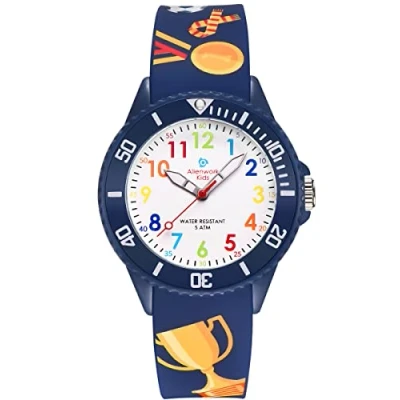 Immagine di Alienwork Calcio Ragazzi Orologio di Apprendimento bambini Ragazze Blu Marino Bracciale in Silicone Multicolore Impermeabile 5 ATM Tempo