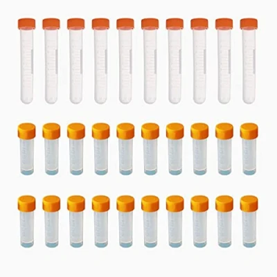 Immagine di HUAZIZ 30 Pezzi Provette Graduate da 5ML/10ML Laboratorio in Plastica Trasparente con Tappo Arancione e Contrassegni Graduati