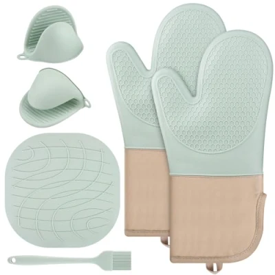 Immagine di Guanti da forno in silicone,set di cucina, Set 6 Cucina Silicone Resistente al Calore Adatti per Cucinare Cuocere e Grigliare (Verde Menta)