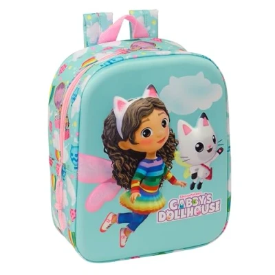Immagine di GABBY&#039;S DOLLHOUSE 3D Zaino per asilo 3D, adattabile al carrello, facile da pulire, ideale bambini di diverse età, comodo e versatile, qualità resistenza, 22 x 10 27 cm, colore celeste/rosa,