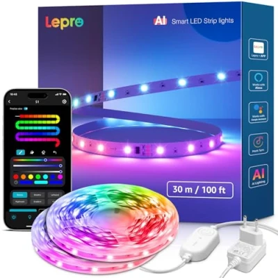 Immagine di Lepro Striscia LED 30 Metri, Smart Funziona con Alexa,Google Assistant,APP, Strisce Camera da Letto,Luci Controllo Vocale,DIY Segmentato Sync Musicale Luminosa per Bar Giochi
