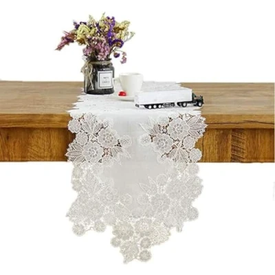 Immagine di runner da tavola, in pizzo bianco con fiori ricamati, tavola europeo per comò, sciarpe, mensole, centrini matrimoni, centrotavola feste e raduni., Come immagine, 35x180cm