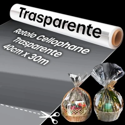 Immagine di volila Cellophane per Imballaggio 40cm x 30m Rotolo Trasparente Ripiegato a Metà Regali di Natale, Ceste Regalo e (1 Rotolo)