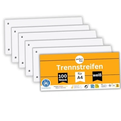 Immagine di perfect line 100 Strisce divisori raccoglitori ad anelli A4, classificatori per documenti ufficio in cartone riciclato, Segna pagina Made Germany, bianco, forati