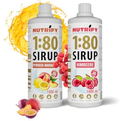 Immagine di NUTRIFY Vital Fitness Drink 1:80 Sciroppo 2 X 1 L Set Pesca Maracuja &amp; Lampone, Concentrato per bevande con vitamine e Carnitina senza zucchero, 160 litri, bevanda sportiva a basso contenuto