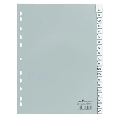 Immagine di Durable 640110 Divisorio con cavalierini termosaldati e set di etichette stampate preinserite A Z, f.to A4, 20 tasti, foratura universale, grigio