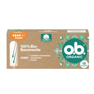 Immagine di o.b. Organic Super (16 pezzi), tamponi biologici per giorni forti in 100% cotone biologico con scanalature curve una protezione affidabile e naturale