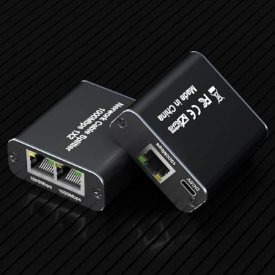 Immagine di Splitter Ethernet 1 a 2, RJ45 100/1000Mbps con cavo alimentazione USB per Cat 5/5e/6/7/8, Sdoppiatore LAN Switch Gigabit supporta due dispositivi che funzionano contemporaneamente