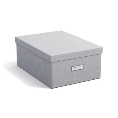 Immagine di BIGSO BOX OF SWEDEN KATIA Contenitore di medie dimensioni con coperchio, robusto organizer in fibra e carta effetto lino, pratica scatola pieghevole cornice per etichette, grigio chiaro