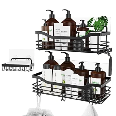 Immagine di Orimade Adesivo Mensola Bagno Doccia con Portasapone Mensole Caddy 5 Ganci per Appendere Spugnette Portacoltelli da Barba Senza Foratura Inossidabile SUS304 3 Pezzi（Nero）