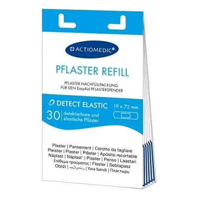 Immagine di ACTIOMEDIC I DETECT ELASTIC cerotto blu rilevabile per l&#039;industria alimentare, Set ricarica 30 pezzi, Compatibile con distributore di cerotti EasyAid, Ipoallergenico, Bende elastiche primo soccorso