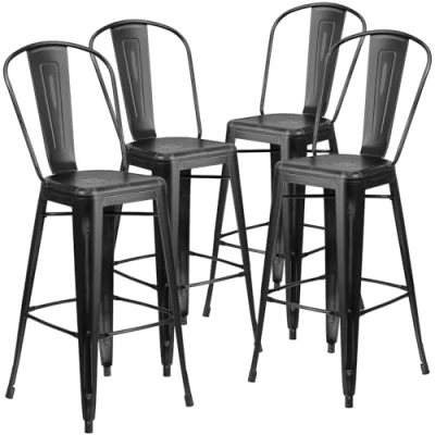 Immagine di Flash Furniture Confezione da 4 sgabelli Bar in Metallo Invecchiato per Interni ed Esterni con Schienale Alto 76,2 cm, Nero, Set di 4, unità