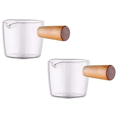 Immagine di PENGY 2 mini brocche per latte e caffè, in vetro trasparente, con manico legno, 50 ml