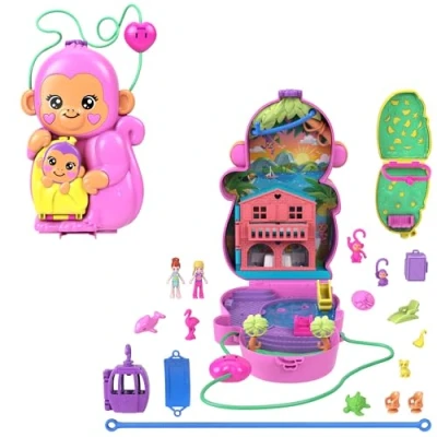 Immagine di Polly Pocket borsetta Mamma Scimmia e Scimmietta, playset 2 in 1 con bambole Lila, animali 13 accessori inclusi, diventa una da indossare, giocattolo per bambini, 4+ anni, HWP04