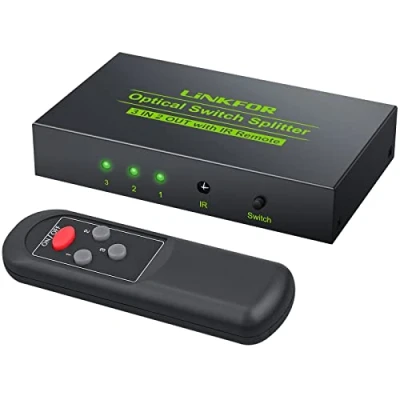 Immagine di LiNKFOR 3 In 2 Out Switcher Splitter Ottico Supporta Dolby AC3 DTS LPCM 2.0 Porte Toslink Switch con Telecomando Vie SPDIF Audio Digitale 2M Cavo per SoundBar Cuffie Bluetooth