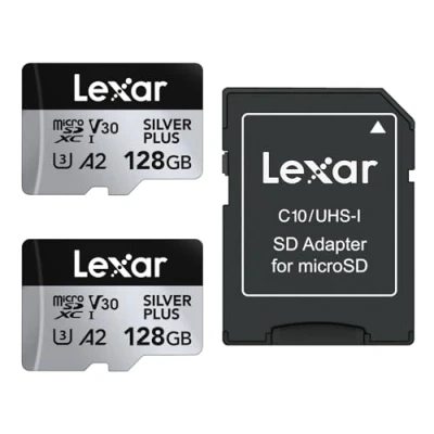 Immagine di Lexar 128 GB Scheda Micro SD Silver Plus 2 Pack, di Memoria Flash MicroSDXC UHS I con Adattatore fino a 205 MB/s, A2, U3, V30, Class10, TF Card Alta Velocità