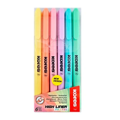 Immagine di Kores High Liner Fine: Evidenziatori a Penna, Punta Fina Scalpello con Inchiostro Base d&#039;Acqua, Ideali per la Scuola e l&#039;Ufficio, Set da 6 Colori Assortiti