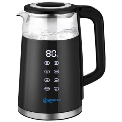 Immagine di WANNYTON Bollitore Elettrico con Temperatura Regolabile (40 100C), d’Acqua da 1,7L, 2200W, senza BPA, in Vetro e Acciao Inox, Spegnimento Automatico Filtro Anticalcare, Nero