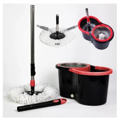 Immagine di Meridiana Spin mop Lavapavimenti con Sistema di Strizzatura Manuale attivabile attraverso il Manico, Set per la Pulizia dei Pavimenti Secchio e Cestello in ACCIAIO INOX, Panno 100% Microfibra