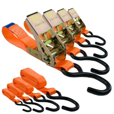 Immagine di Cinghie di serraggio con cricchetto e Gancio, Set da 4 Pezzi, Larghezza 25 mm, Lunghezza 3 m, Fino a 700 kg, Cinghia Arancione, Ancoraggio per Fissaggio del carico,