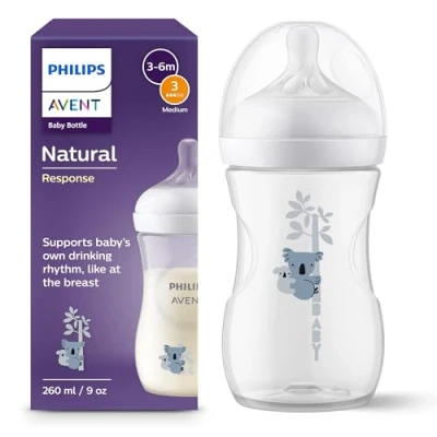 Immagine di Philips Avent Biberon Natural Response da 260 ml, senza BPA, per neonati 1 mese in su, con motivo di koala (modello SCY903/67)