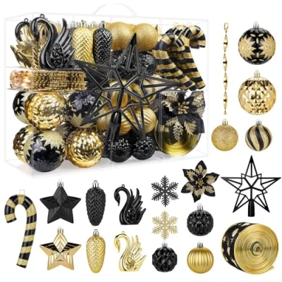 Immagine di Alupssuc 128 Pezzi Palline di Natale Ornamenti Set, Decorazioni per Albero Infrangibili Palline, Fiori Natale, Nastro, Puntale Festa Nozze con Ganci,Nero &amp; Oro