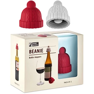 Immagine di Monkey Business: Set di 2 Tappi per Bottiglie Vino a Forma Berretto Maglia con Pompon, Accessori il Unici, e Champagne