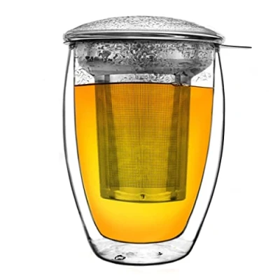 Immagine di Creano Bicchiere da tè a doppia parete con filtro in acciaio inossidabile e 1 coperchio vetro 400 ml