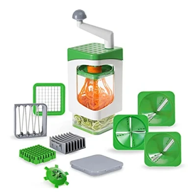 Immagine di Genius Nicer Dicer Julietti Affettatrice a spirale, 13 pezzi, con taglierina cubo, set per spirali e dadi, contiene 7 inserti di taglio contenitore raccolta 1200 ml, verde