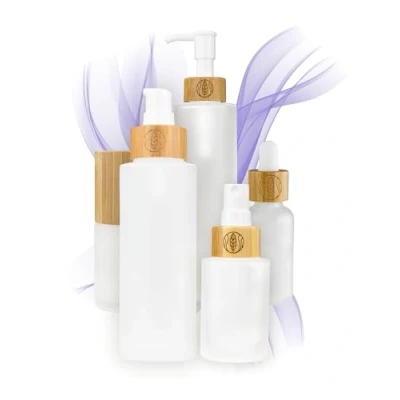 Immagine di Bottiglie di vetro con coperchio in bambù smerigliato, 4 pezzi, 2 x 30 ml, 100 ml Piccole fiale vuote testa spray, dispenser pompa