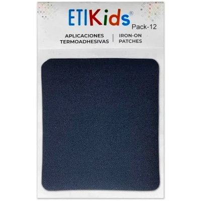 Immagine di 12 toppe blu navy applicabili con ferro da stiro. Tessuto termoadesivo per interni ed esterni. Kit decorazione 8,7x10 cm