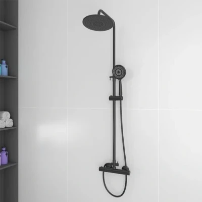 Immagine di Plumbsys Colonna per doccia Termostatica 38℃，Soffione rotondo da 9,5 pollici,dotata di doccetta, tubo flessibile 1,5 m, altezza regolabile, antiscottatura, set Nero
