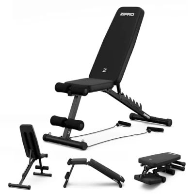 Immagine di panca pesi pieghevole Zipro Tempo, fitness con schienale regolabile in 6 posizioni, capacità di carico 230 kg, per allenamenti 2 corde, multifunzione addominali